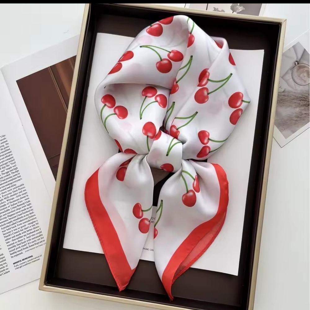 Luxury Cherry Print White Satin Square Scarf